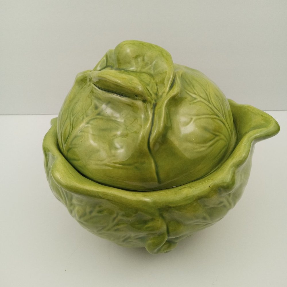 Ceramic Green Cabbage Lettuce Bowl With Lid Serving Dish